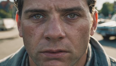 solo,looking at viewer,short hair,brown hair,black hair,1boy,brown eyes,closed mouth,male focus,outdoors,day,blurry,blurry background,facial hair,portrait,close-up,realistic,photo background,scar,beard,scar on face,stubble