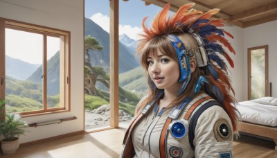 1girl,solo,long hair,breasts,looking at viewer,smile,open mouth,bangs,brown hair,hair ornament,brown eyes,upper body,sky,day,cloud,indoors,tree,lips,window,bed,feathers,plant,scenery,mountain,realistic,headdress,potted plant,feather hair ornament,shirt,jacket,parted lips,teeth,signature,vest,pillow