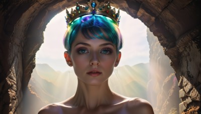 1girl,solo,looking at viewer,short hair,bangs,blue eyes,bare shoulders,jewelry,blue hair,collarbone,upper body,earrings,outdoors,parted lips,teeth,day,aqua eyes,lips,eyelashes,aqua hair,makeup,sunlight,tiara,crown,gem,portrait,mountain,realistic,sky,scenery,backlighting