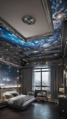 sky,cloud,indoors,water,blue sky,pillow,book,no humans,window,bed,night,chair,table,curtains,building,star (sky),night sky,scenery,couch,desk,starry sky,wooden floor,clock,bookshelf,lamp,cityscape,bedroom,box,space,planet,earth (planet)