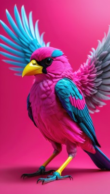 solo,simple background,standing,full body,wings,from side,pokemon (creature),no humans,shadow,bird,animal,pink background,feathers,realistic,animal focus,talons,beak,spread wings,blue feathers,parrot,closed mouth