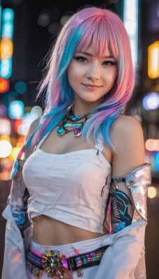 1girl,solo,long hair,breasts,looking at viewer,smile,bangs,skirt,shirt,cleavage,bare shoulders,brown eyes,jewelry,medium breasts,closed mouth,blue hair,white shirt,upper body,pink hair,multicolored hair,detached sleeves,midriff,belt,necklace,blurry,two-tone hair,lips,streaked hair,crop top,see-through,depth of field,blurry background,tank top,gem,realistic,navel,artist name,mole,watermark,camisole,science fiction,bokeh,cyberpunk