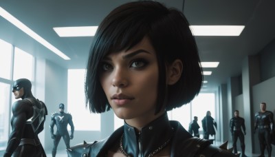 1girl,looking at viewer,short hair,blue eyes,black hair,jewelry,standing,earrings,multiple boys,solo focus,indoors,necklace,armor,lips,bodysuit,mask,bob cut,helmet,spikes,6+boys,realistic,nose,shoulder pads,shoulder spikes,brown hair,superhero