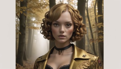 1girl,solo,breasts,looking at viewer,short hair,blonde hair,brown hair,cleavage,brown eyes,jewelry,medium breasts,closed mouth,underwear,collarbone,jacket,upper body,outdoors,parted lips,choker,bra,blurry,tree,lips,eyelashes,makeup,leaf,black choker,black bra,portrait,nature,forest,curly hair,realistic,nose,blush,signature