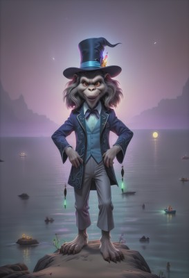 solo,looking at viewer,smile,shirt,long sleeves,1boy,hat,bow,animal ears,standing,jacket,full body,male focus,outdoors,sky,barefoot,pants,artist name,signature,bowtie,water,vest,orange eyes,black headwear,witch hat,night,glowing,ocean,watermark,formal,moon,suit,feathers,night sky,claws,furry,hands on hips,black bowtie,top hat,blue bowtie,furry male,watercraft,boat,yellow eyes,flower,grey hair,blue bow,fire,rock,candle,blue vest,grey pants,lake