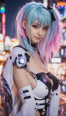 1girl,solo,long hair,breasts,looking at viewer,smile,bangs,blue eyes,cleavage,medium breasts,closed mouth,blue hair,upper body,pink hair,multicolored hair,detached sleeves,artist name,medium hair,blurry,side ponytail,from side,two-tone hair,lips,clothing cutout,sideboob,gradient hair,depth of field,blurry background,one side up,freckles,realistic,nose,science fiction,cyborg,cyberpunk