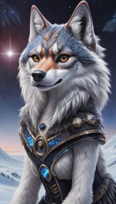 solo,looking at viewer,jewelry,yellow eyes,upper body,male focus,outdoors,sky,artist name,orange eyes,fur trim,no humans,night,animal,scar,gem,star (sky),night sky,scar on face,furry,snow,starry sky,colored sclera,mountain,white fur,wolf,smile,closed mouth,teeth,signature,watermark,realistic,scar across eye