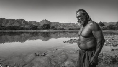 solo,1boy,closed mouth,standing,monochrome,greyscale,male focus,outdoors,water,facial hair,parody,topless male,mountain,realistic,fat,loincloth,river,fat man,lake,navel,nipples,pointy ears,tree,grass,pectorals,nature,scenery,beard,fantasy,landscape,orc