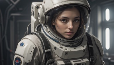 1girl,solo,looking at viewer,short hair,brown hair,black hair,brown eyes,upper body,parted lips,armor,blurry,lips,depth of field,blurry background,helmet,portrait,science fiction,realistic,nose,spacesuit,astronaut,closed mouth,forehead,emblem,dirty