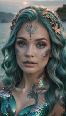 1girl,solo,long hair,breasts,looking at viewer,smile,hair ornament,cleavage,bare shoulders,medium breasts,green eyes,collarbone,upper body,flower,outdoors,parted lips,green hair,artist name,hair flower,water,blurry,aqua eyes,lips,eyelashes,aqua hair,tattoo,makeup,depth of field,blurry background,wavy hair,facial mark,monster girl,portrait,pink flower,eyeshadow,freckles,realistic,nose,scales,mermaid,mascara,teeth,watermark,close-up