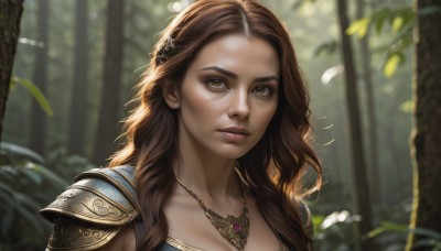 1girl,solo,long hair,breasts,looking at viewer,brown hair,hair ornament,cleavage,brown eyes,jewelry,medium breasts,closed mouth,collarbone,upper body,multicolored hair,outdoors,necklace,armor,blurry,tree,lips,eyelashes,blurry background,leaf,wavy hair,feathers,plant,shoulder armor,portrait,nature,forest,pauldrons,realistic,nose,day,depth of field,sunlight,close-up,forehead,dappled sunlight