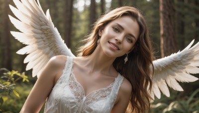 1girl,solo,long hair,breasts,looking at viewer,smile,brown hair,dress,cleavage,bare shoulders,brown eyes,jewelry,collarbone,upper body,earrings,small breasts,outdoors,wings,teeth,sleeveless,white dress,grin,blurry,tree,lips,head tilt,dutch angle,depth of field,blurry background,plant,nature,feathered wings,angel wings,realistic,white wings,angel,day,sunlight,forest