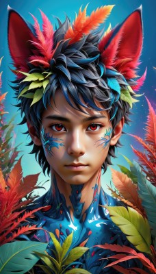 solo,looking at viewer,short hair,black hair,hair ornament,red eyes,1boy,animal ears,closed mouth,upper body,male focus,outdoors,sky,artist name,cat ears,blue sky,lips,leaf,blue background,facial mark,feathers,plant,portrait,realistic,nose,blue hair,glowing,star (sky),extra ears,feather hair ornament,facepaint,bodypaint,full-body tattoo