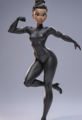 1girl,solo,breasts,looking at viewer,smile,short hair,simple background,black hair,standing,full body,small breasts,dark skin,grey background,hair bun,black eyes,high heels,covered nipples,dark-skinned female,lips,gradient,gradient background,bodysuit,covered navel,cameltoe,single hair bun,standing on one leg,outstretched arm,clenched hand,skin tight,black bodysuit,thighs,watermark,toned,undercut,latex,very dark skin