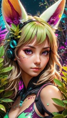 1girl,solo,long hair,breasts,looking at viewer,bangs,blonde hair,hair ornament,animal ears,cleavage,bare shoulders,medium breasts,closed mouth,purple eyes,upper body,flower,multicolored hair,green hair,artist name,hair flower,pink eyes,rabbit ears,lips,animal ear fluff,fox ears,clothing cutout,eyelashes,makeup,headphones,leaf,watermark,facial mark,cleavage cutout,plant,lipstick,portrait,eyeshadow,freckles,pink lips,nose,eyeliner,mascara,hairband,parted lips,bra,gradient hair,fake animal ears,whisker markings,facepaint,body freckles