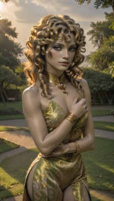 1girl,solo,long hair,breasts,looking at viewer,blonde hair,brown hair,dress,cleavage,bare shoulders,brown eyes,jewelry,medium breasts,standing,cowboy shot,outdoors,artist name,dark skin,necklace,bracelet,dark-skinned female,tree,lips,watermark,drill hair,side slit,curly hair,green dress,realistic,nose,neck ring,ringlets,blush,parted lips,nail polish,strapless,strapless dress,circlet,forehead jewel