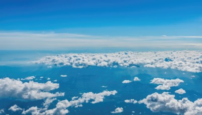 monochrome,outdoors,sky,day,cloud,water,blue sky,no humans,ocean,cloudy sky,scenery,blue theme,horizon,landscape,above clouds