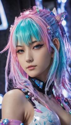 1girl,solo,long hair,breasts,looking at viewer,bangs,blue eyes,hair ornament,cleavage,bare shoulders,jewelry,medium breasts,blue hair,upper body,pink hair,multicolored hair,parted lips,blurry,black eyes,two-tone hair,lips,grey eyes,aqua hair,gradient hair,makeup,blurry background,gem,portrait,armlet,realistic,nose,closed mouth,eyelashes,science fiction