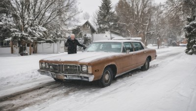 1boy,jacket,outdoors,multiple boys,tree,ground vehicle,building,scenery,motor vehicle,snow,snowing,car,road,winter,vehicle focus,bare tree,truck,1girl,short hair,sky,from behind,coat,no humans,house,grey sky