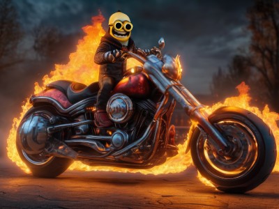 solo,gloves,1boy,jacket,male focus,boots,outdoors,sky,black gloves,pants,artist name,cloud,signature,hood,tree,black jacket,hoodie,mask,black pants,sunglasses,helmet,fire,ground vehicle,motor vehicle,smoke,motorcycle,on motorcycle,smile,teeth,grin,blurry,blurry background,1other,riding,leather,skeleton,flame,leather jacket