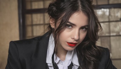 1girl,solo,long hair,looking at viewer,brown hair,shirt,black hair,brown eyes,jacket,white shirt,upper body,parted lips,necktie,collared shirt,indoors,blurry,black eyes,lips,black jacket,grey eyes,makeup,blurry background,formal,suit,lipstick,messy hair,portrait,black necktie,realistic,red lips,closed mouth