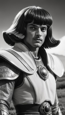 solo,looking at viewer,short hair,bangs,1boy,animal ears,jewelry,closed mouth,monochrome,upper body,greyscale,male focus,outdoors,belt,blunt bangs,armor,blurry,lips,blurry background,facial hair,shoulder armor,pauldrons,breastplate,realistic,nose,chainmail