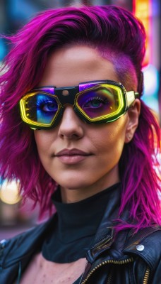 1girl,solo,long hair,looking at viewer,blue eyes,jewelry,closed mouth,green eyes,jacket,pink hair,purple hair,earrings,open clothes,medium hair,blurry,lips,black jacket,makeup,blurry background,turtleneck,piercing,sunglasses,lipstick,ear piercing,portrait,eyeshadow,realistic,nose,stud earrings,leather,tinted eyewear,leather jacket,mascara,k/da (league of legends),denim jacket,aviator sunglasses,short hair,shirt,upper body,artist name,eyelashes,depth of field,denim,zipper,freckles,unzipped