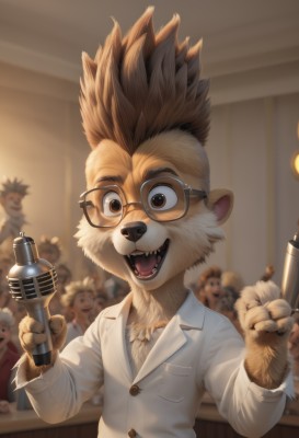 solo,looking at viewer,smile,open mouth,brown hair,shirt,1boy,holding,animal ears,brown eyes,white shirt,upper body,male focus,multiple boys,glasses,teeth,solo focus,indoors,blurry,blurry background,fangs,spiked hair,microphone,furry,6+boys,round eyewear,labcoat,furry male,male child,body fur,holding microphone,animal nose,brown fur,long sleeves,jacket,buttons,formal