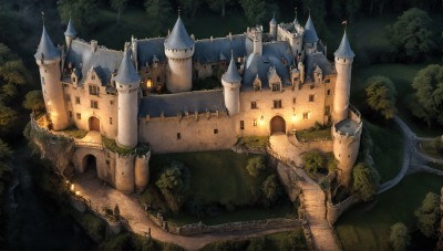 HQ,outdoors,sky,water,tree,no humans,night,building,nature,scenery,forest,fantasy,bridge,river,castle,tower,stairs,road,landscape,lake,path,cave,arch