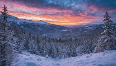 outdoors,sky,cloud,tree,no humans,cloudy sky,nature,scenery,snow,forest,sunset,mountain,sun,winter,bare tree,twilight,evening,landscape,mountainous horizon,gradient sky,orange sky,sunrise,pine tree,blue sky,sunlight