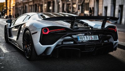 outdoors,artist name,blurry,no humans,blurry background,ground vehicle,building,motor vehicle,city,logo,car,road,vehicle focus,photo background,wheel,sports car,solo,from side,shadow