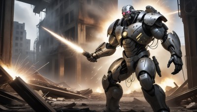 HQ,solo,red eyes,holding,standing,weapon,outdoors,sword,holding weapon,gun,no humans,glowing,robot,building,mecha,glowing eyes,smoke,science fiction,city,realistic,cable,open hand,explosion,ruins,damaged,firing,energy sword,debris,rubble,laser,1boy,pink eyes,armor,holding sword,power armor