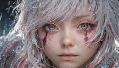 1girl,solo,looking at viewer,short hair,bangs,brown eyes,closed mouth,yellow eyes,white hair,artist name,signature,blurry,lips,eyelashes,blood,facial mark,portrait,close-up,realistic,nose,eye focus,long hair,pink hair,multicolored hair,depth of field,heterochromia,scar,expressionless,blood on face