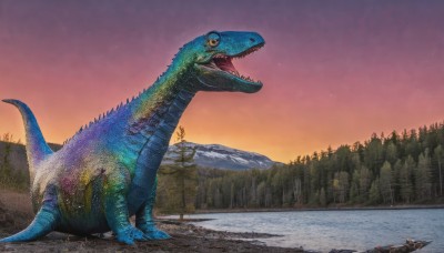 open mouth,tail,yellow eyes,outdoors,sky,teeth,water,from side,tree,no humans,sharp teeth,nature,scenery,forest,sunset,monster,mountain,realistic,scales,dinosaur,kaijuu,signature,animal,star (sky),colored sclera,orange sky