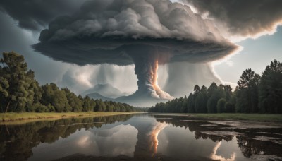 outdoors,sky,day,cloud,water,tree,blue sky,no humans,sunlight,cloudy sky,grass,nature,scenery,forest,reflection,mountain,fantasy,river,landscape,lake