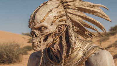 solo,1boy,jewelry,upper body,male focus,outdoors,sky,day,blurry,blue sky,no humans,blurry background,feathers,portrait,1other,skull,sand,skeleton,alien,desert,closed eyes,earrings,teeth,tree,mask,realistic,gold,bone