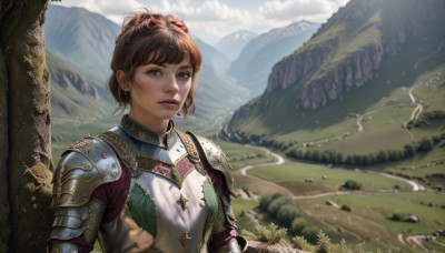 1girl,solo,looking at viewer,short hair,bangs,brown hair,hair ornament,brown eyes,jewelry,closed mouth,upper body,earrings,outdoors,day,hair bun,armor,blurry,tree,lips,single hair bun,grass,feathers,shoulder armor,nature,scenery,freckles,pauldrons,breastplate,mountain,realistic,nose,fantasy,mountainous horizon,plate armor,sky,cloud,forest,landscape