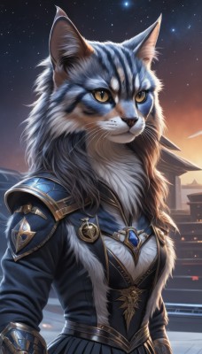 1girl,solo,breasts,long sleeves,animal ears,jewelry,closed mouth,standing,jacket,yellow eyes,upper body,outdoors,sky,artist name,signature,armor,fur trim,night,cat,slit pupils,brooch,gem,star (sky),night sky,furry,starry sky,furry female,body fur,white fur,whiskers,long hair,looking at viewer,skirt,brown eyes,cat ears,animal,shoulder armor,building,fur collar