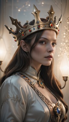 1girl,solo,long hair,breasts,brown hair,black hair,dress,cleavage,jewelry,medium breasts,upper body,earrings,parted lips,artist name,indoors,necklace,blurry,black eyes,lips,blurry background,tiara,crown,gem,freckles,realistic,nose,looking at viewer,blue eyes,from side,light