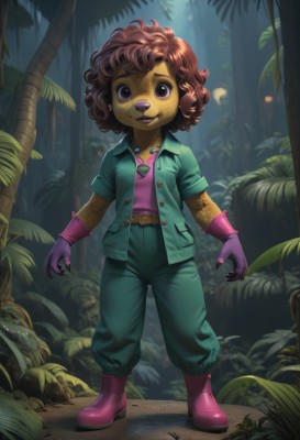 1girl,solo,looking at viewer,smile,short hair,open mouth,brown hair,shirt,gloves,navel,jewelry,standing,purple eyes,jacket,full body,short sleeves,boots,outdoors,open clothes,belt,pants,artist name,signature,dark skin,necklace,flat chest,open jacket,dark-skinned female,tree,buttons,blurry background,colored skin,ring,thick eyebrows,messy hair,child,nature,claws,furry,forest,curly hair,pocket,belt buckle,green shirt,furry female,pink footwear,purple shirt,female child,purple gloves,pink gloves,green pants,bangs,collarbone,earrings,teeth,collared shirt,fingernails,leaf,watermark,wavy hair,grass,plant,web address,buckle,freckles,pink shirt,purple footwear,animal nose