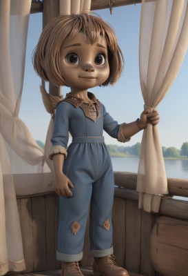 1girl,solo,looking at viewer,smile,short hair,brown hair,shirt,gloves,brown eyes,closed mouth,standing,full body,boots,outdoors,wings,sky,shoes,day,pants,artist name,indoors,blue sky,torn clothes,window,brown footwear,curtains,child,furry,furry female,female child,overalls,curtain grab,bangs,long sleeves,animal ears,water,flat chest,watermark,denim,jeans,animal nose,brown fur