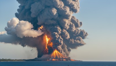 outdoors,sky,day,cloud,water,blue sky,no humans,ocean,cloudy sky,fire,building,scenery,smoke,aircraft,horizon,explosion,burning,solo,holding,standing,weapon,sword,holding weapon,bird,holding sword,mountain,fantasy,giant,landscape