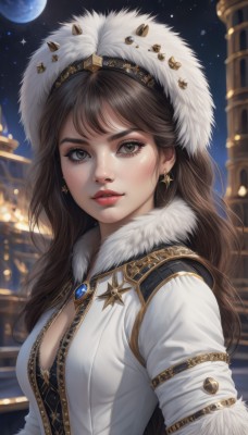 1girl,solo,long hair,breasts,looking at viewer,bangs,brown hair,long sleeves,hat,cleavage,brown eyes,jewelry,medium breasts,upper body,earrings,outdoors,parted lips,sky,artist name,necklace,star (symbol),blurry,lips,coat,fur trim,eyelashes,makeup,night,blurry background,white headwear,watermark,moon,white jacket,building,gem,star (sky),night sky,full moon,starry sky,freckles,realistic,nose,red lips,star earrings,fur hat,blush,closed mouth,jacket,from side,lipstick,fur collar,white coat,pillar