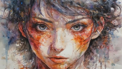 1girl,solo,looking at viewer,short hair,bangs,blue eyes,brown hair,black hair,closed mouth,black eyes,lips,eyelashes,blood,scar,traditional media,portrait,blood on face,realistic,nose,painting (medium),watercolor (medium),close-up,freckles