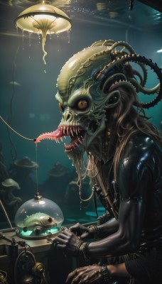 solo,long hair,open mouth,brown hair,jewelry,yellow eyes,teeth,tongue,tongue out,bracelet,from side,no humans,saliva,ring,robot,sharp teeth,tentacles,1other,science fiction,monster,watch,underwater,cable,leather,cyborg,long tongue,alien,leather jacket,1boy,male focus,shiny,colored skin,colored sclera,green skin,jellyfish