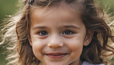 1girl,solo,looking at viewer,smile,brown hair,brown eyes,closed mouth,blurry,lips,messy hair,portrait,close-up,realistic,nose,long hair,eyelashes