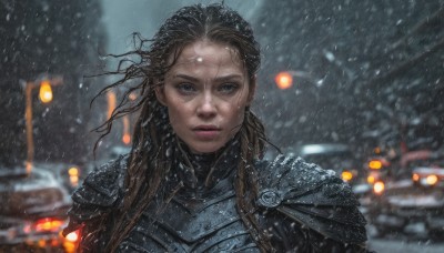 1girl,solo,long hair,looking at viewer,blue eyes,brown hair,upper body,outdoors,parted lips,armor,blurry,lips,wet,blurry background,ground vehicle,shoulder armor,motor vehicle,snow,rain,pauldrons,breastplate,snowing,realistic,car,wet hair,black hair,braid,grey eyes,depth of field,scar,wind,portrait,scar on face