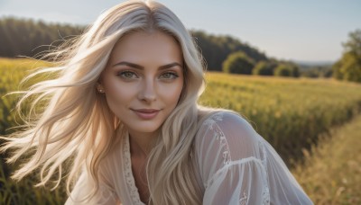 1girl,solo,long hair,looking at viewer,smile,blonde hair,brown eyes,jewelry,closed mouth,upper body,white hair,earrings,outdoors,day,blurry,lips,see-through,floating hair,depth of field,blurry background,wind,portrait,realistic,nose,field,yellow eyes,flower,sky,blue sky,makeup,stud earrings