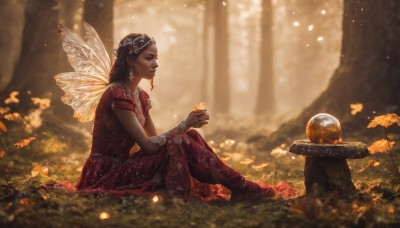 1girl,solo,long hair,black hair,hair ornament,dress,holding,jewelry,sitting,flower,short sleeves,earrings,outdoors,wings,artist name,dark skin,necklace,blurry,from side,dark-skinned female,tree,depth of field,blurry background,red dress,grass,bug,nature,forest,realistic,fantasy,fairy wings,holding flower,fairy,on ground,gloves,day,lips,profile,makeup,leaf,watermark,sunlight,butterfly,light particles