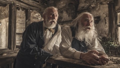 shirt,gloves,long sleeves,bow,jacket,white shirt,upper body,white hair,male focus,multiple boys,indoors,2boys,bowtie,looking at another,vest,leaning forward,facial hair,formal,table,plant,beard,yellow bow,black vest,realistic,mustache,bald,manly,old,yellow bowtie,old man,traditional bowtie,wrinkled skin,long hair,blonde hair,jewelry,sitting,closed mouth,collared shirt,grey eyes,scar,own hands together,robe,brown bow,brown bowtie